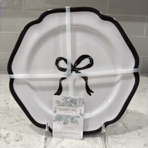 Shabby Chic Black Bow Melamine Salad Plates 8.5in Set of 4 White New